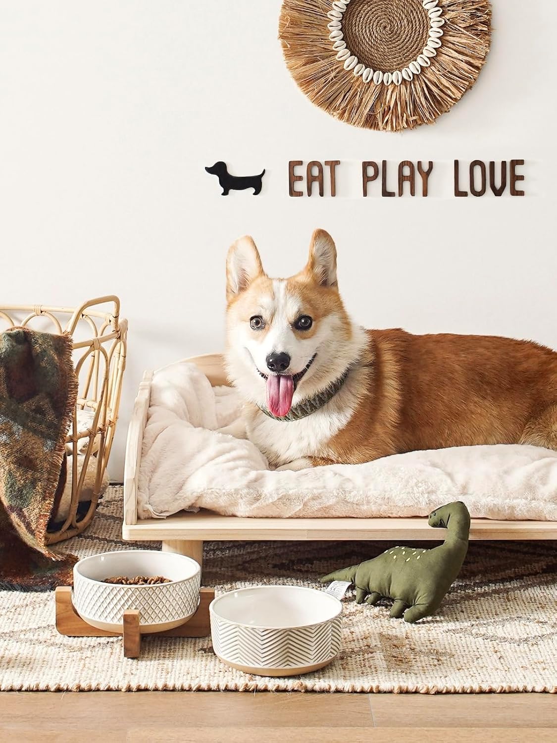 LE TAUCI PET Ceramic Dog and Cat Bowl Set with Acacia Wood Stand - 2 Cup Weighted Non-Slip Food and Water Bowls for Small Dogs & Cats, Lines + Dot