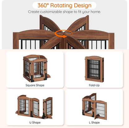 HOOBRO Dog Gate with Door Walk Through, 24.8'' Tall Freestanding Pet Gate with 2 Support Feet, Foldable Dog Fence Indoor, 360° Rotating Hinges, for Doorways, Stairs, Walnut BH85PP03