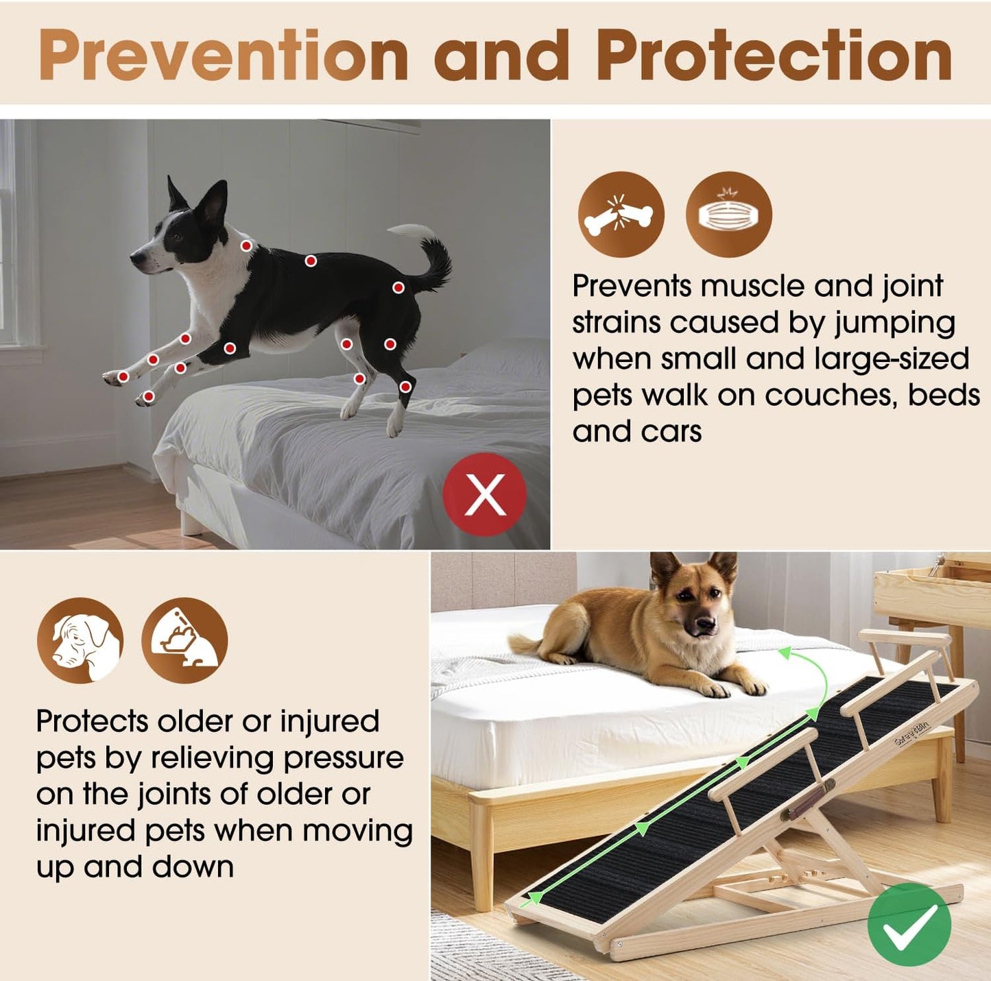 Dog Ramp for Bed - Foldable Small to Large Dog Ramp for Couch - 6 Adjustable Height from 12" to 24" - Stairs with High Traction Mat - Wooden Portable Ramp for Dogs to Get on Bed Couch Car Up to 200LBS