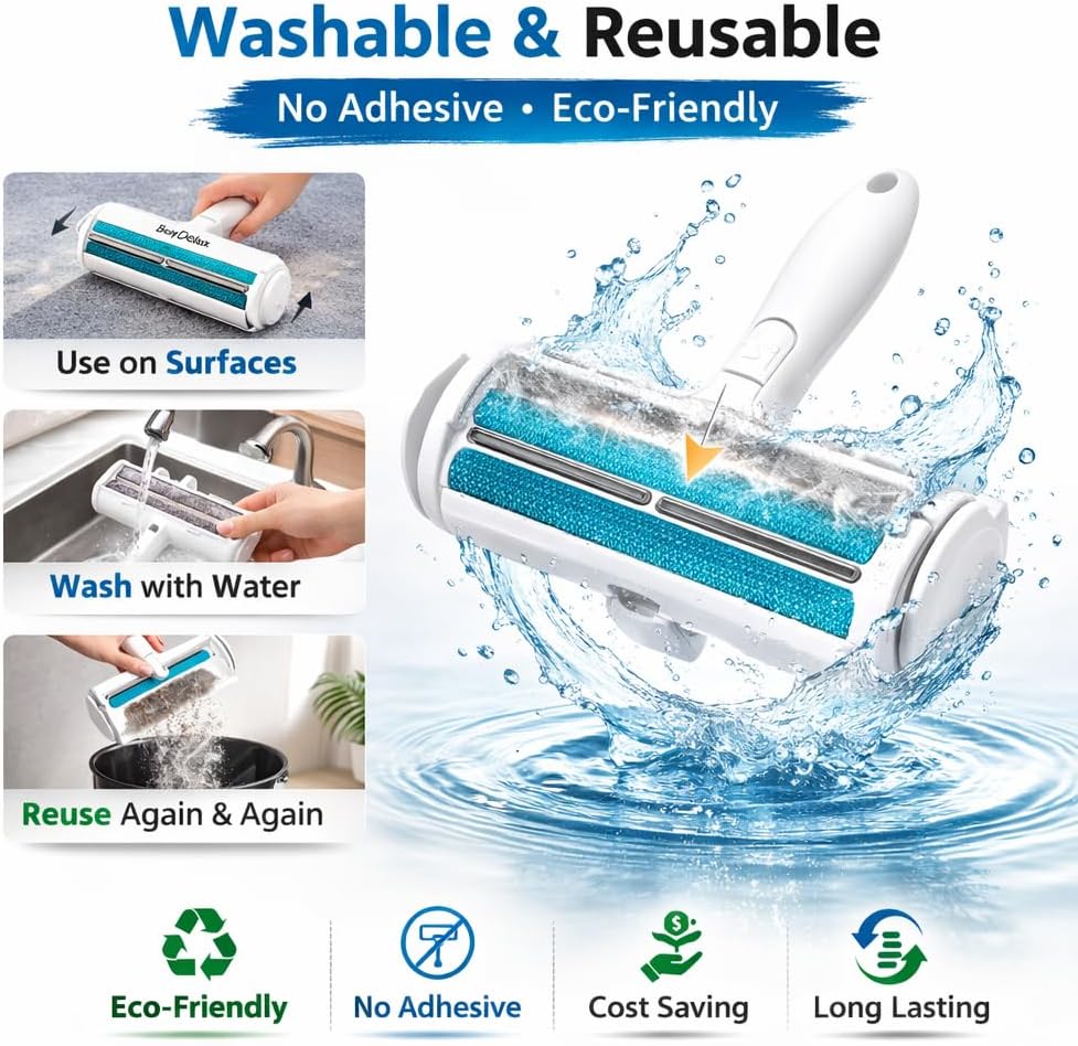 Pet Hair Remover Roller, Reusable Self-Cleaning Lint Roller for Dog & Cat Hair, Fur Removal for Furniture Couch Carpet Car Clothes & Bedding, No Sticky Tape or Refills