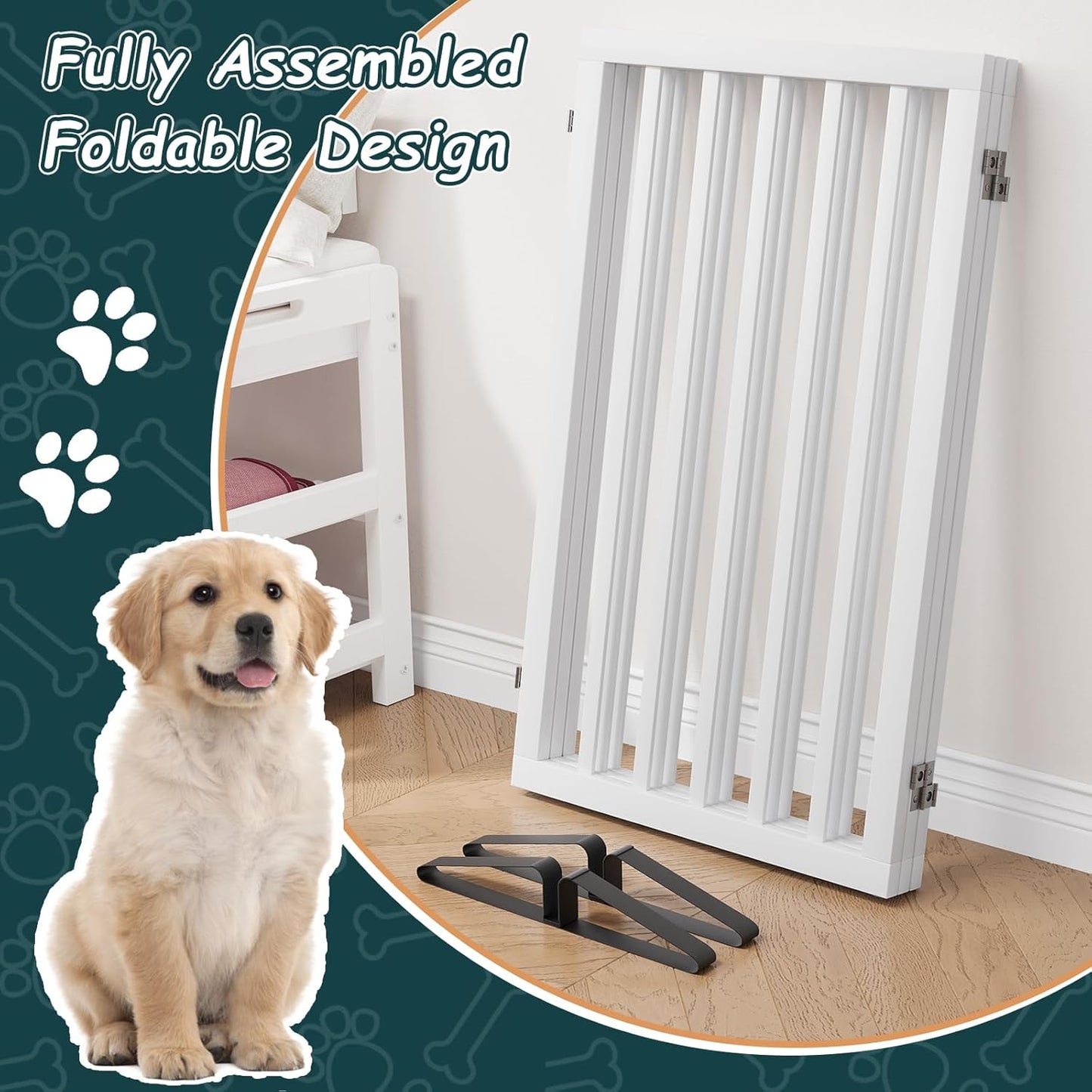 Freestanding Dog Gates Indoor, 3-Panel Pet Gates with 2 Metal Stands and 360° Hinge, 24" H Foldable Dog Gate for Stairs, Doorway, Kitchen, Expands Up to 55" Fully Assembled - Black Walnut