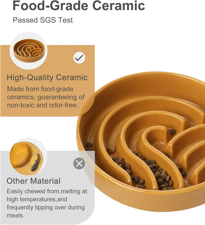 Ceramic Slow Feeder Dog Bowl, Maze Puzzle Non-Slip Silicone Base Stoneware Bowl for Small Medium Dogs, Heavy Duty Anti-Bloat Dog Food Bowl Dishwasher Safe – Apricot, Medium