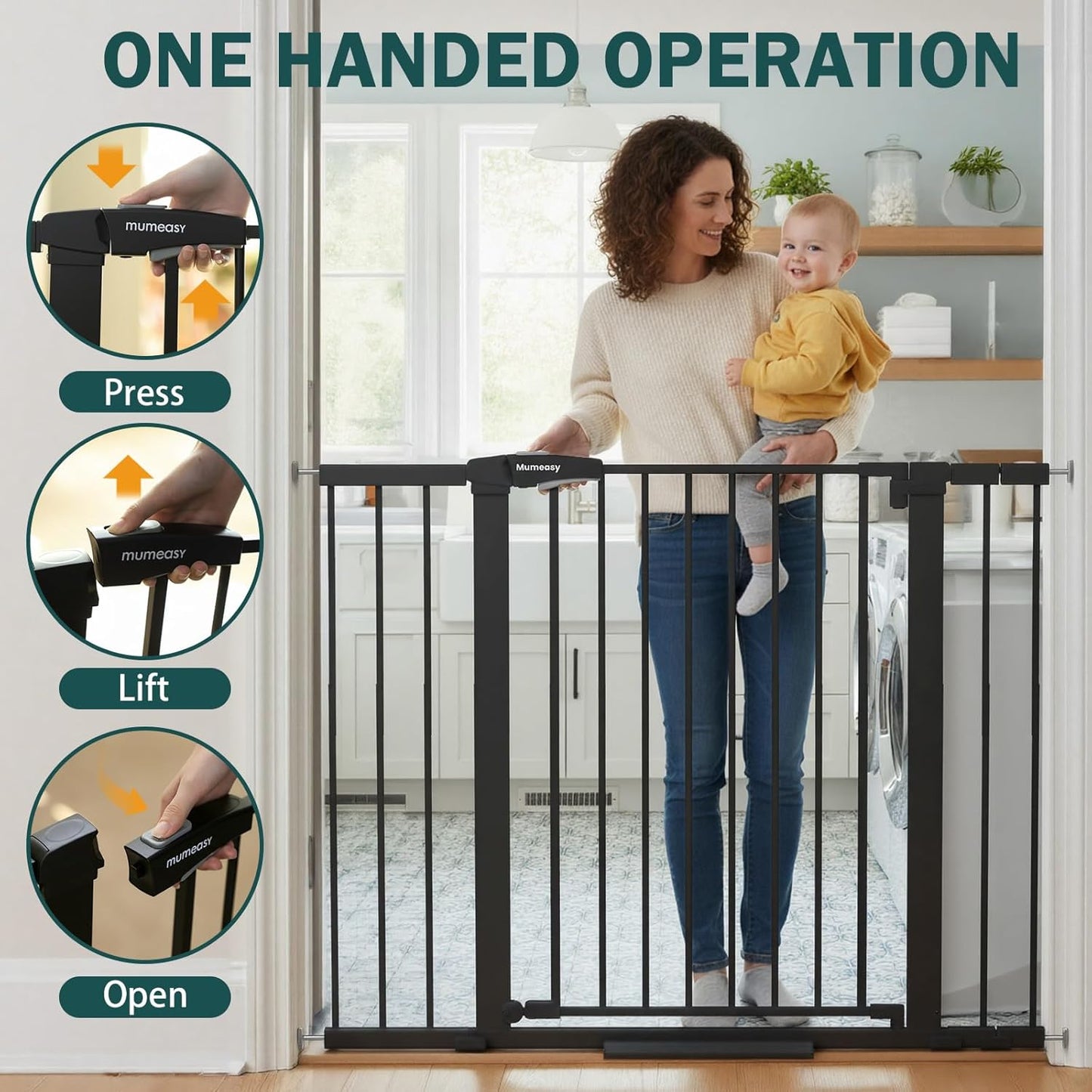 Mumeasy 29.7-46" Baby Gate for Stairs, Pressure Mounted Dog Gate for Doorways, Auto Close Walk Through Pet Gate Indoor, Extra Wide Metal Child Safety Gate, Mom's Choice Awards Winner, Black