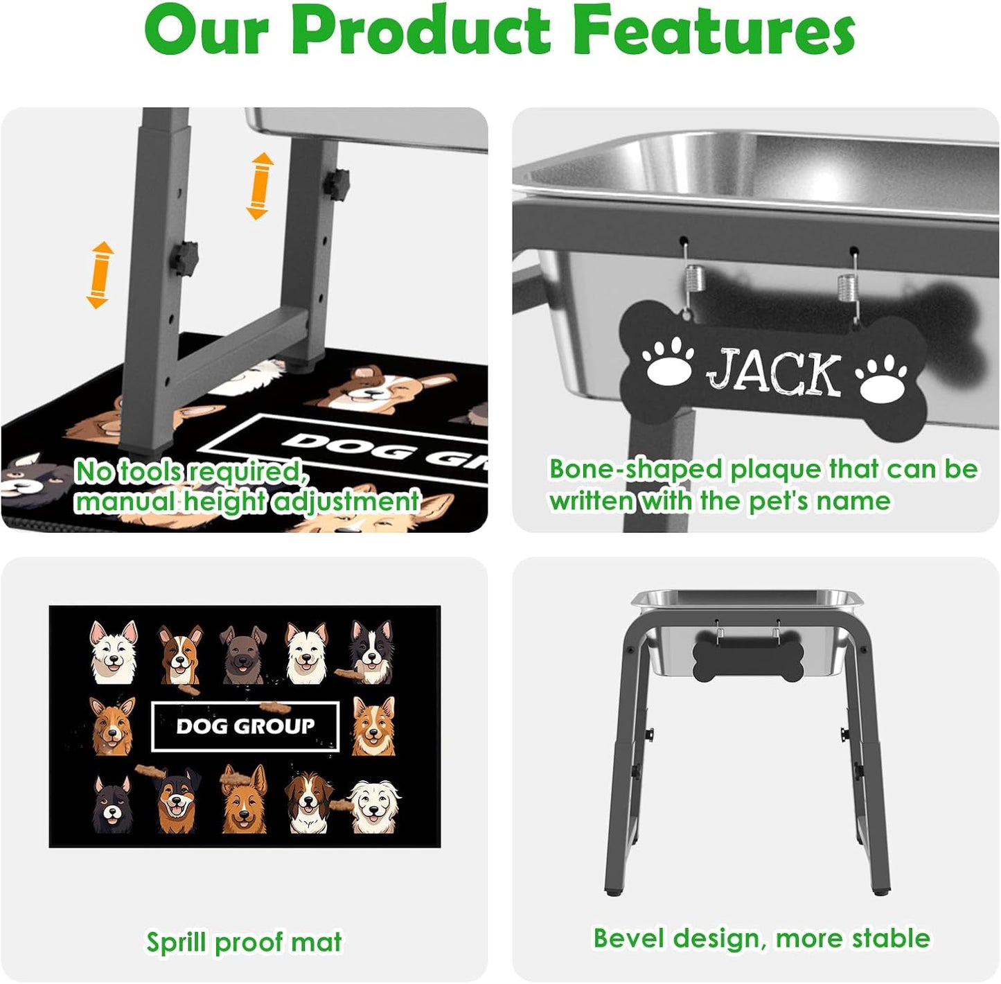 1.2 Gallon Elevated Dog Water Bowl, Height Adjustable (11–17'') Raised Stainless Steel Bowl with Spill-Proof Mat & Sturdy Metal Stand, Tip-Proof, Easy to Clean, Indoor & Outdoor Use