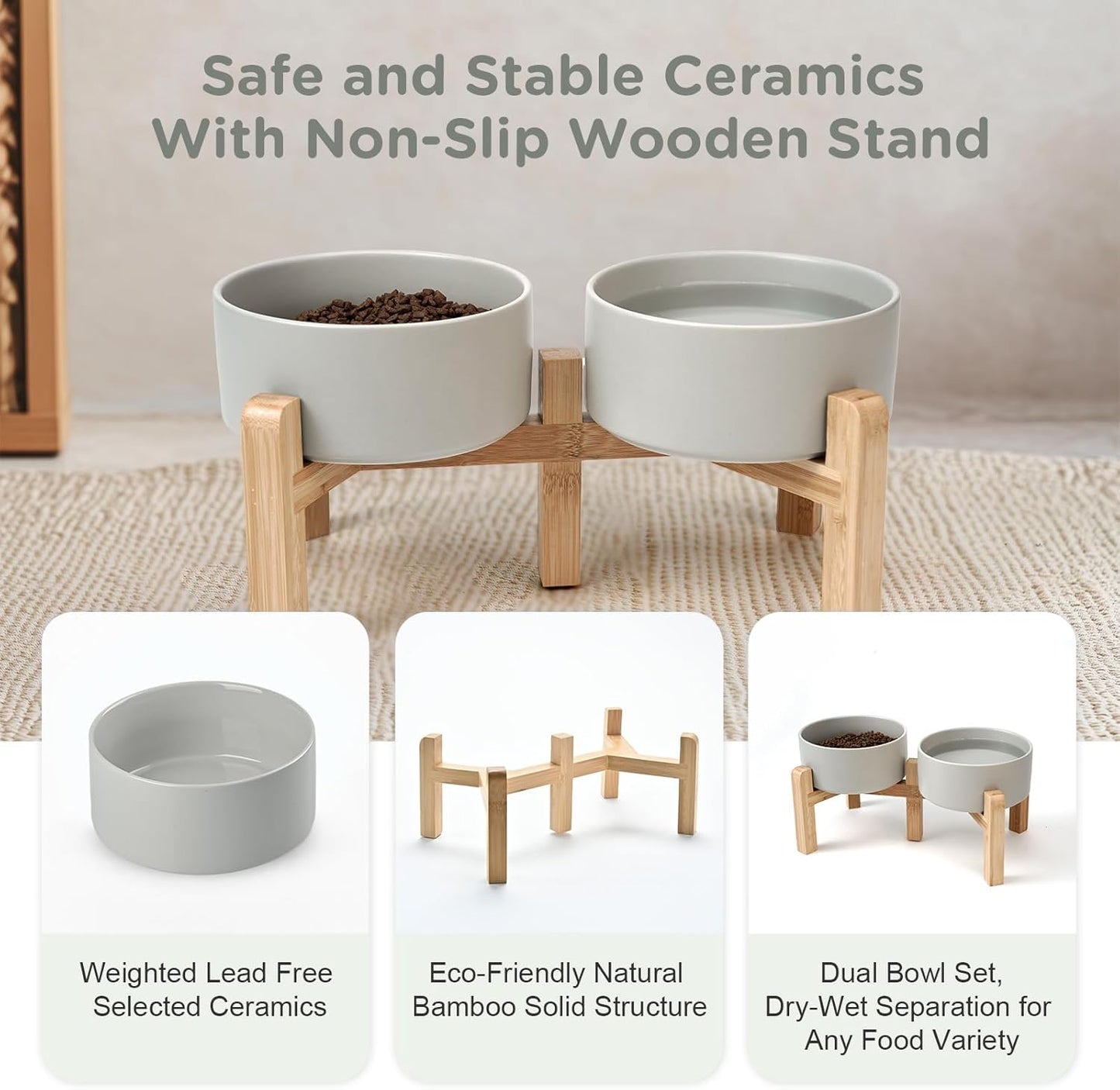 SPUNKYJUNKY Elevated Dog Bowls Ceramic, 6.1'' Dogs and Cat Food Water Bowls Raised with Non-Slip Bamboo Stand for Medium Sized Breed Microwave Dishwasher Safe - 28.7 OZ,Beige