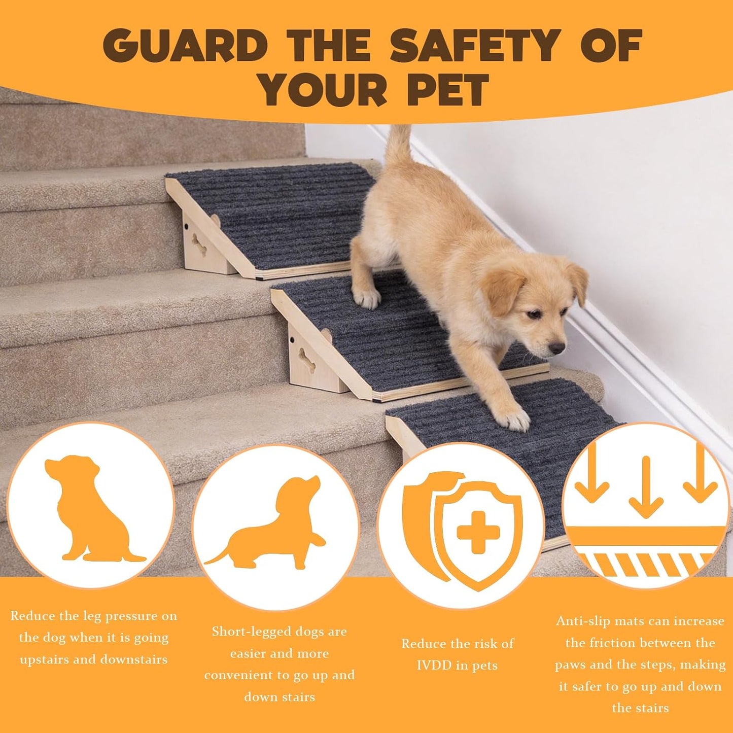 3 Pack Wooden Dog Ramp for Stairs,13L*9W*5H''+26°Slope,Fit for Stair 9-11D''5-7''H,Friendly to Short-Legged/Small/Injured/Aged Dogs with High Support,with Anti-Slip Pads for Climbing Safely