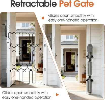Metal Retractable Dog Gate for Front Door, Adjustable Pet Barrier & Door Blocker, Foldable Gate for Apartments, RVs, Indoor and Outdoor Use, 26” x 30”