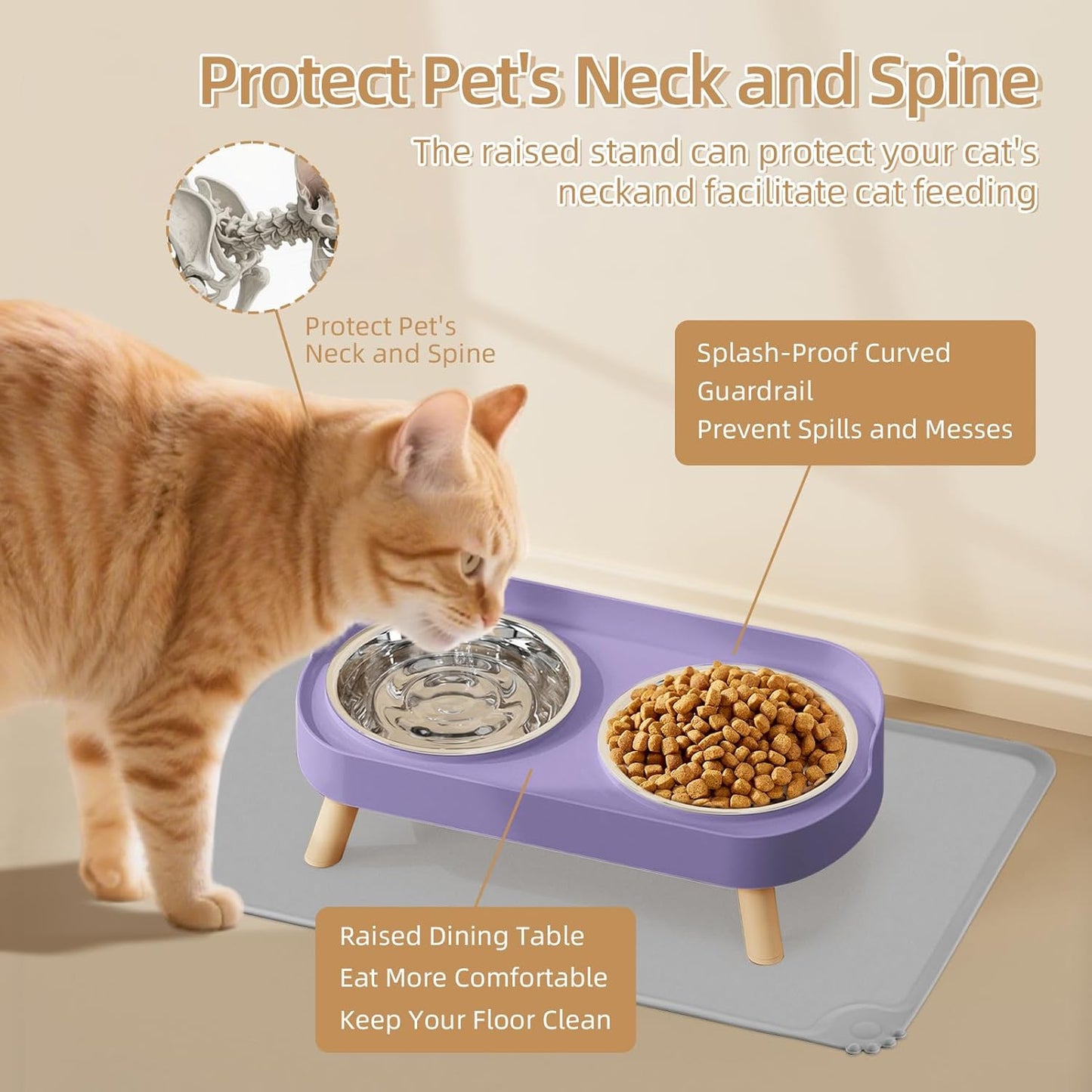 Elevated Cat Bowl, Raised Cat Food and Water Bowl Set for Indoor Cats, Splash Proof with 2 Stainless Steel Pet Food Bowls for Cats and Puppies, Whisker Fatigue and Dishwasher Safe - White