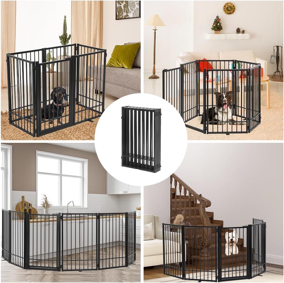 Metal Freestanding Dog Gate with Door, Extra Wide 81", 31" Height Foldable Dog Gates for Doorways, Tall Pet Fence Indoor Pet Gates, 4 Panels Pet Barrier for Stairs Hallways, Black