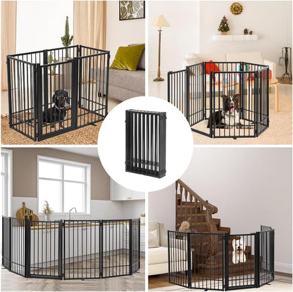 Metal Freestanding Dog Gate with Door, Extra Wide 81", 31" Height Foldable Dog Gates for Doorways, Tall Pet Fence Indoor Pet Gates, 4 Panels Pet Barrier for Stairs Hallways, Black