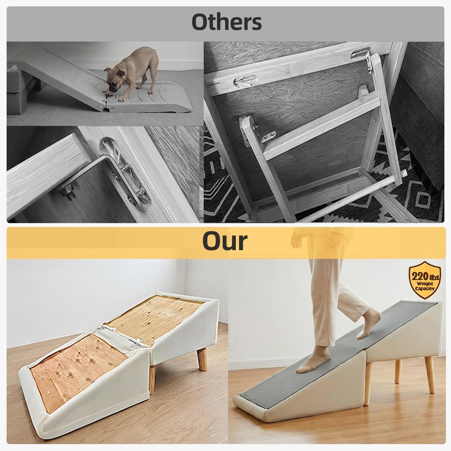 Dog Ramp for Bed, Wooden 23.62'' H Dog Stairs for Small/Medium-Sized Dogs and All Cats, Washable Non-Slip Silicone Surface pet Ramp, Foldable 2-in-1 Split Ottoman Design