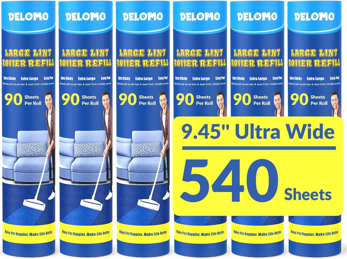 Large Lint Rollers for Carpet: Sticky Rollers for Floor DELOMO 9.45 in with 3 Extendable Handle, Long Handle Sticky Mop for Cleaning Carpets, Cars, Bedding, Couches, and Pet Hair - for Pet Homes