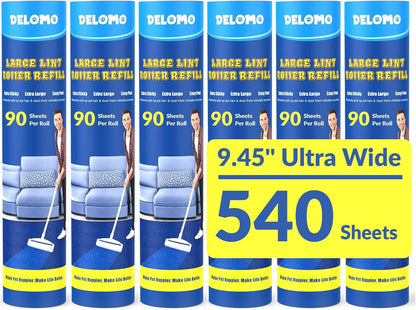 Large Lint Roller for Floors Carpet Furniture Bed – 9.45" Wide Extra Sticky Pet Hair Remover, 4 Refills 360 Sheets Value Pack, Long Handle for No-Bending Cleaning –Ideal for Dog Cat Owners Homes