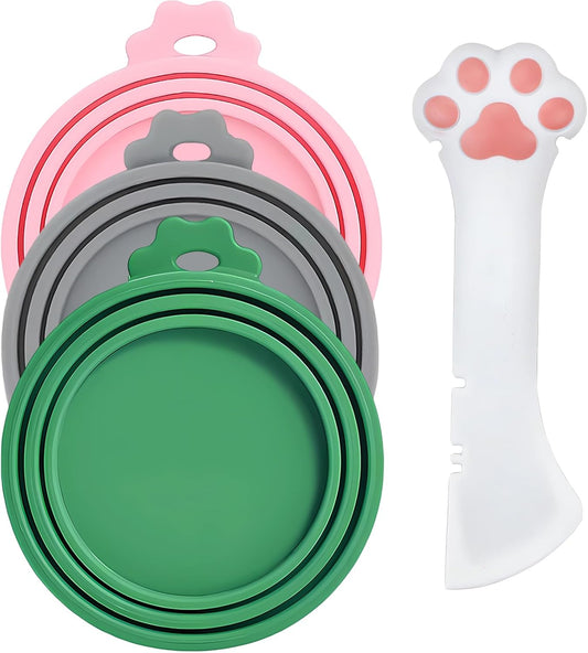 Cat Food Can Covers Lids & White Spoon, Pink/Orange/Sky Blue Lids, Can Covers for Dog/Cat Food Cans, Fit 3 Standard Size Pet Food Cans, Spoon with Opener Paw & Mini Spatula