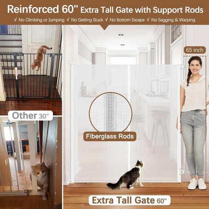 Reinforced 60 Inch Extra Tall Cat Gate Retractable Dog Gate - No Jumping Over/Crawling Under, 55" Wide Retractable Baby Gates for Cats with Reinforced Rods, 5ft Tall Dog Gate Indoor Cat Barrier/Black