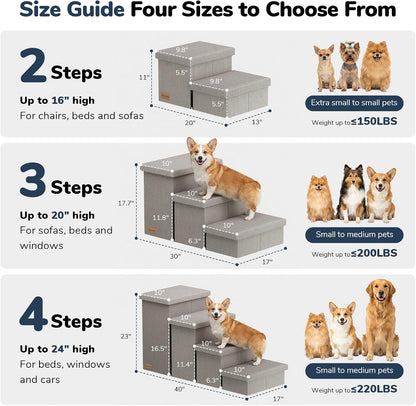 3-Step Wide Dog Stairs with Hidden Storage 18" H, Non-Slip Dog Steps for High Bed Couch Window Car, Jiont-Friendly Pet Stairs Ramp for Small/Medium/Large Old Dogs Cats Up to 200lbs, Grey