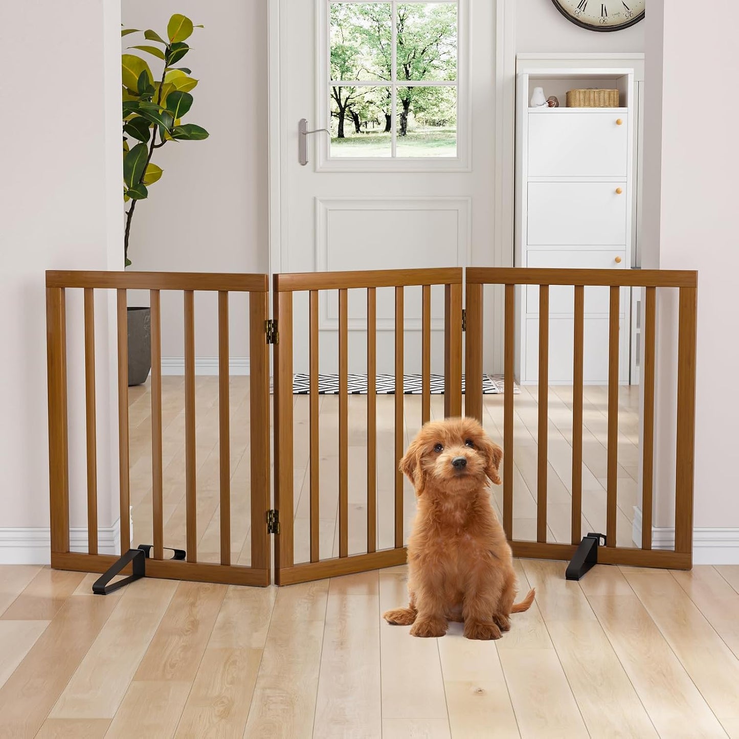 Freestanding Dog Gates Indoor, 3-Panel Pet Gates with 2 Metal Stands and 360° Hinge, 24" H Foldable Dog Gate for Stairs, Doorway, Kitchen, Expands Up to 55" Fully Assembled - Black Walnut
