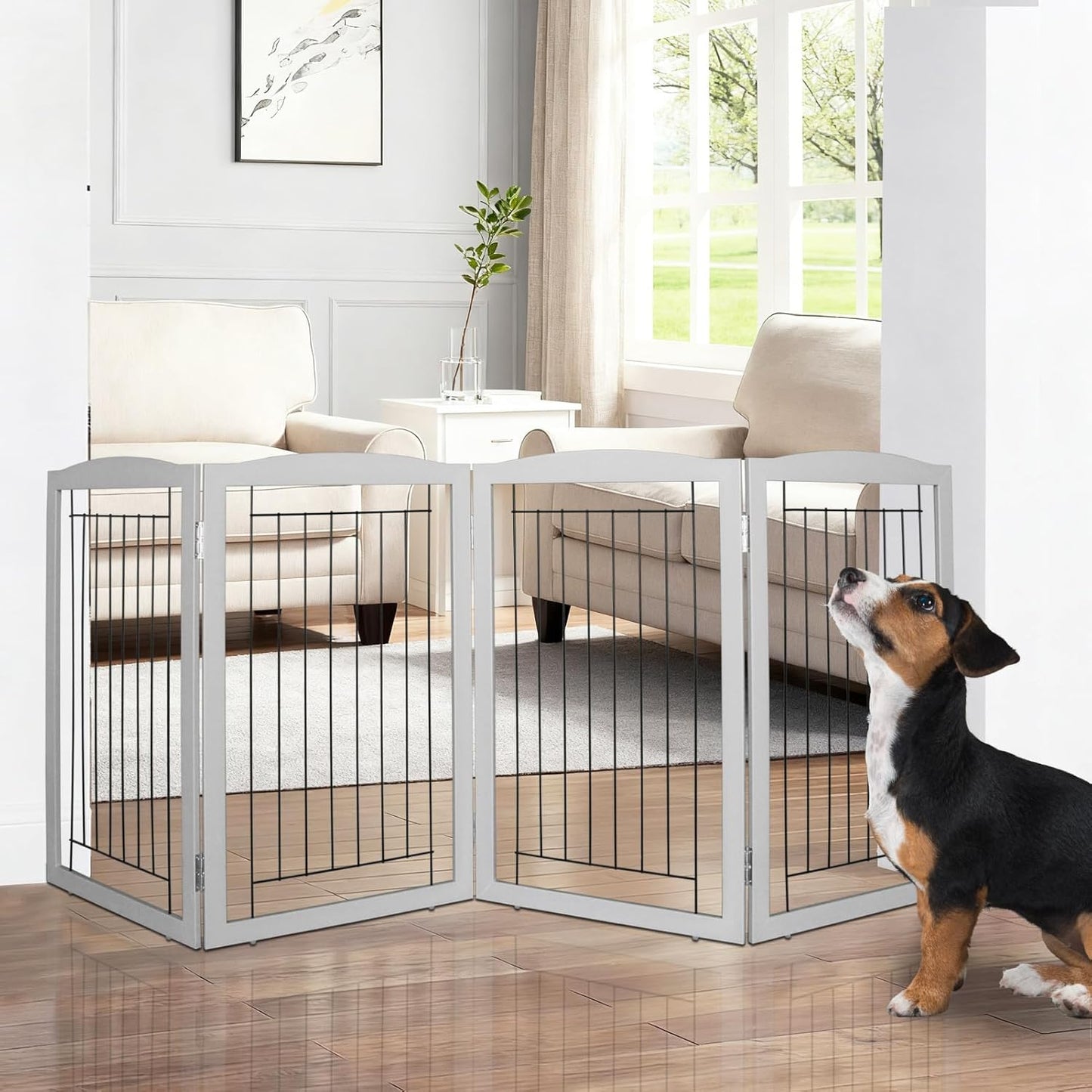 ZJSF Freestanding Foldable Dog Gate for House Extra Wide Wooden White Indoor Puppy Gate Stairs Doorways Pet Gate Tall Dog Fence 3 Panels Fence