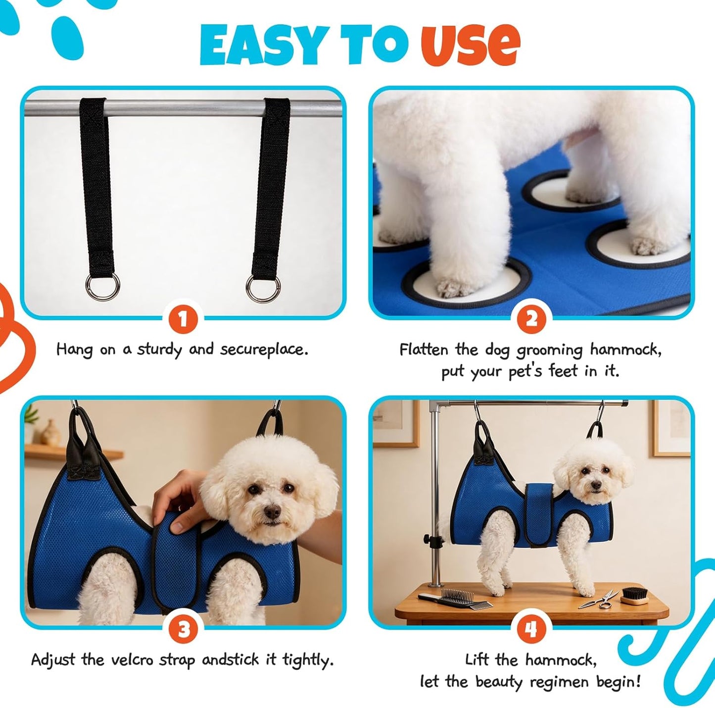 Dog Grooming Hammock Harness, Hanging Sling Restraint for Nail Clipping Small to Medium Dogs & Cats, with Nail Clipper and Comb Pet Grooming Hammock Kit-Large
