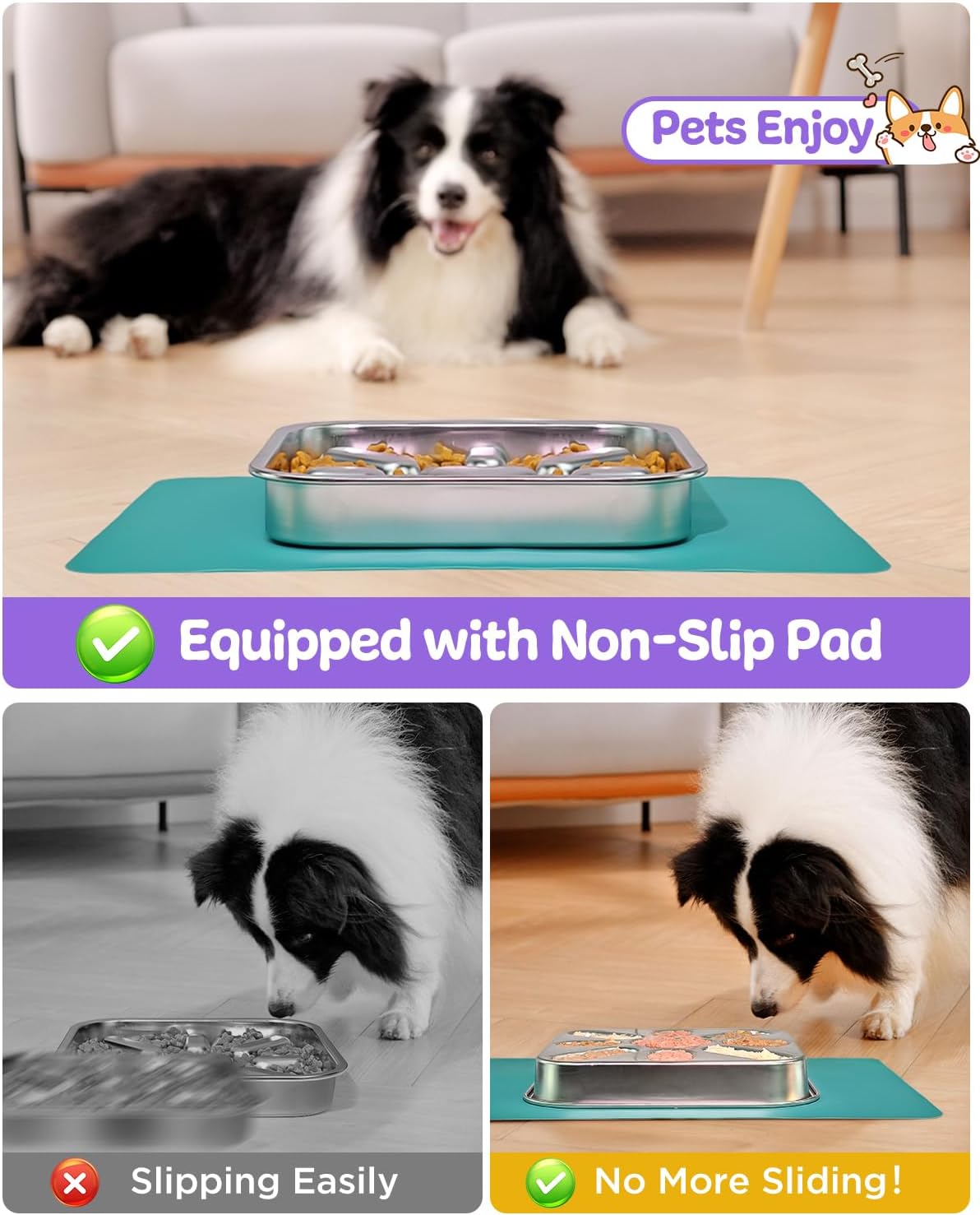 Slow Feeder Dog Bowls with Non-Slip Mat, Stainless Steel Metal Slow Feeder for Small & Medium Dogs, 2 Cups Pet Bowl for Fast Eaters, Slows Down Eating, Dishwasher Safe, Anti-Gulping Dog Bowl
