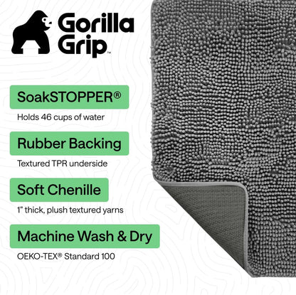 GORILLA GRIP SoakSTOPPER Dog Door Mat, 30x20 Machine Washable Rug Absorbent Doormat Captures Moisture Mud Dirt, Quick Dry Soft Chenille Entryway Rugs Indoor Entrance Mats for Dog Paws, Paw Grey