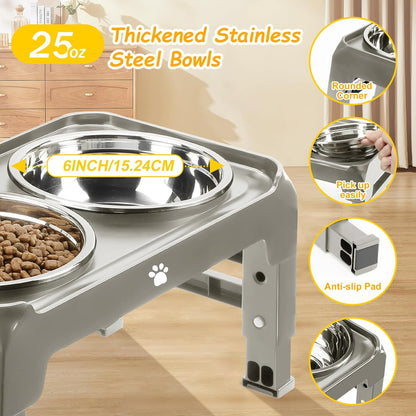 Elevated Raised Dog Bowl Stand with 2 Stainless Steel Bowls, Adjustable Height for Medium Large Dogs, 12.36" - 3.7" Foldable Feeder, Grey