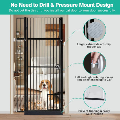 71 inch Extra Tall Gates for Cats Dogs, Adjustable 28.7" and 37.5" Wide Cat Gate, Pressure Mounted Full Door Pet Gate for Doorway, Stairs,House (Black, 71")