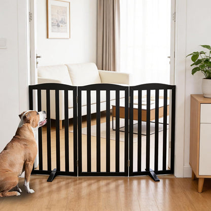 Freestanding Dog Gate Indoor,Doggie Gate Foldable Dog Gates for Doorways,Stairs or Hallways, Wooden White Pet Gate for the House, Pet Fence with Support Feet Included,24 "Height-4 Panels