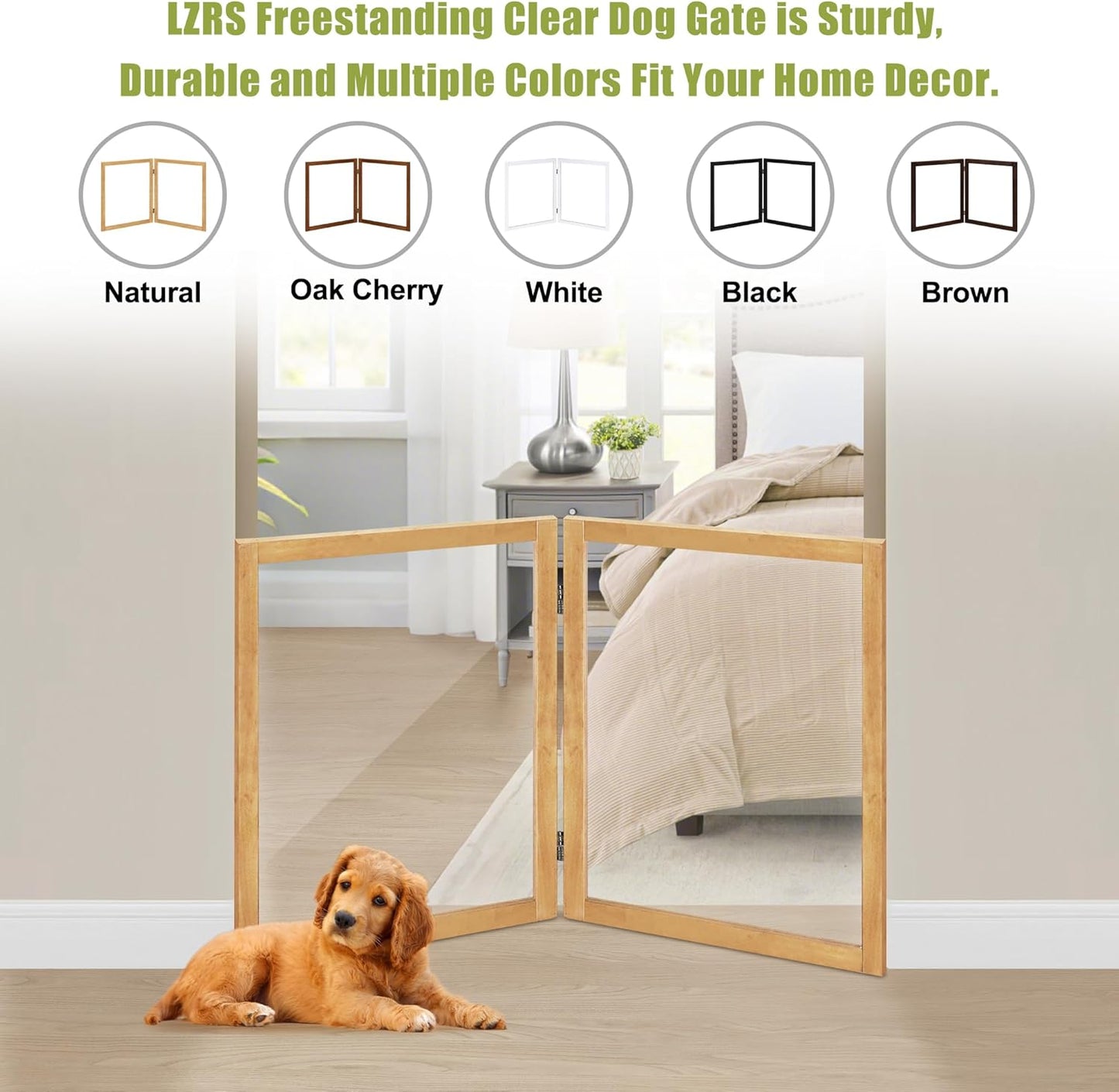 LZRS Clear Dog Gate for Indoor Use - Transparent Pet Fence with Solid Hardwood and Plastic Board, Stylish & Durable freestanding Pet Gate for Doorways, Stairs and Hallways-2 Panel Cherry