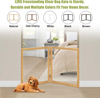 LZRS Clear Dog Gate for Indoor Use - Transparent Pet Fence with Solid Hardwood and Plastic Board, Stylish & Durable freestanding Pet Gate for Doorways, Stairs and Hallways-2 Panel Cherry