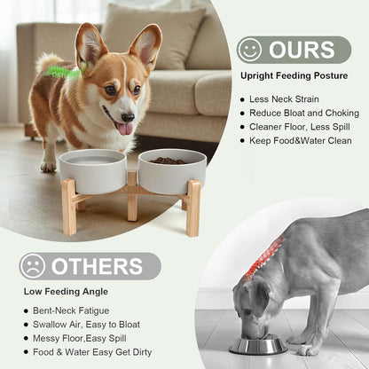 SPUNKYJUNKY Elevated Dog Bowls Ceramic, 6.1'' Dogs and Cat Food Water Bowls Raised with Non-Slip Bamboo Stand for Medium Sized Breed Microwave Dishwasher Safe - 28.7 OZ,Beige