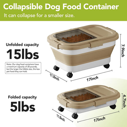Summark 15 Lbs Dog/Cat Food Storage Container,Collapsible Food Storage Containers with Rolling Wheel Airtight Locking Lid,Pet Food Storage Container with Cup and Scoop,Grey