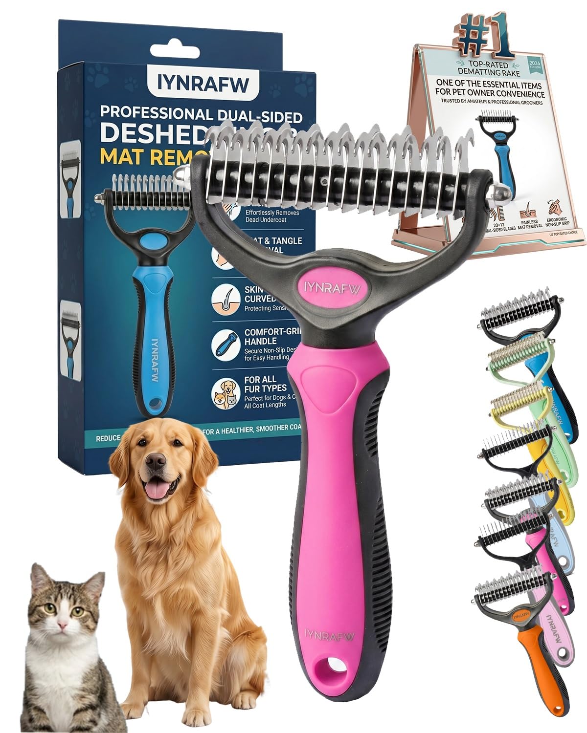 Pet Pro Grooming Tool Dual Tooth Pet Grooming Comb Undercoat Rake for Dogs Cats Long Hair Deshedding Tool Dematting Brush Double Sided Stainless Steel Teeth Remover Mats Tangles Loose Fur