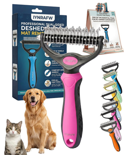 Pet Pro Grooming Tool Dual Tooth Pet Grooming Comb Undercoat Rake for Dogs Cats Long Hair Deshedding Tool Dematting Brush Double Sided Stainless Steel Teeth Remover Mats Tangles Loose Fur