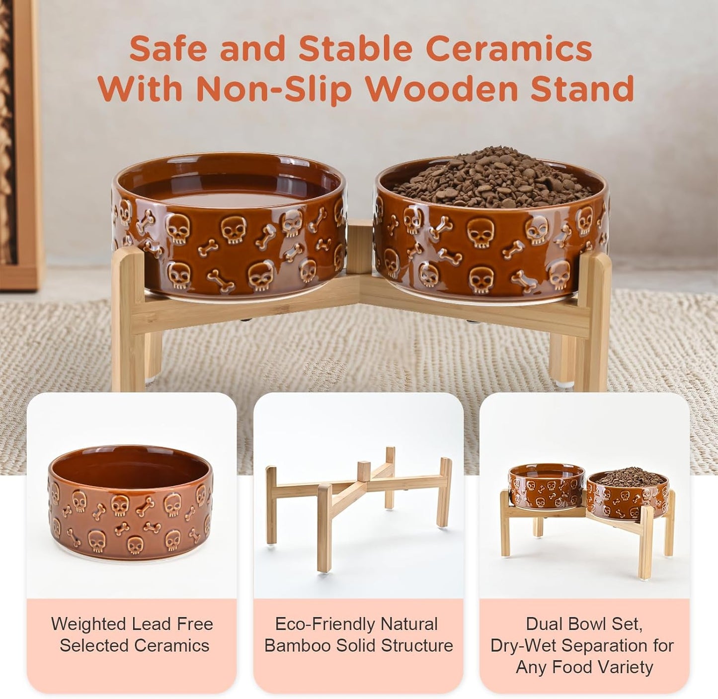 SPUNKYJUNKY Elevated Dog Bowls Ceramic, 6.1'' Dogs and Cat Food Water Bowls Raised with Non-Slip Bamboo Stand for Medium Sized Breed Microwave Dishwasher Safe - 28.7 OZ,Beige