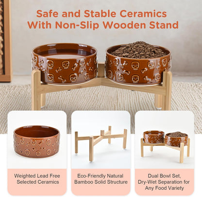 SPUNKYJUNKY Elevated Dog Bowls Ceramic, 6.1'' Dogs and Cat Food Water Bowls Raised with Non-Slip Bamboo Stand for Medium Sized Breed Microwave Dishwasher Safe - 28.7 OZ,Beige