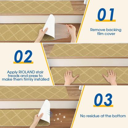 RIOLAND Stair Treads Carpet Non-Slip Indoor 15 PCS Wood Stair Treads Rugs Anti Moving Modern Stair Runners Safety for Kids Dogs, 8" X 30", Diamond Gray