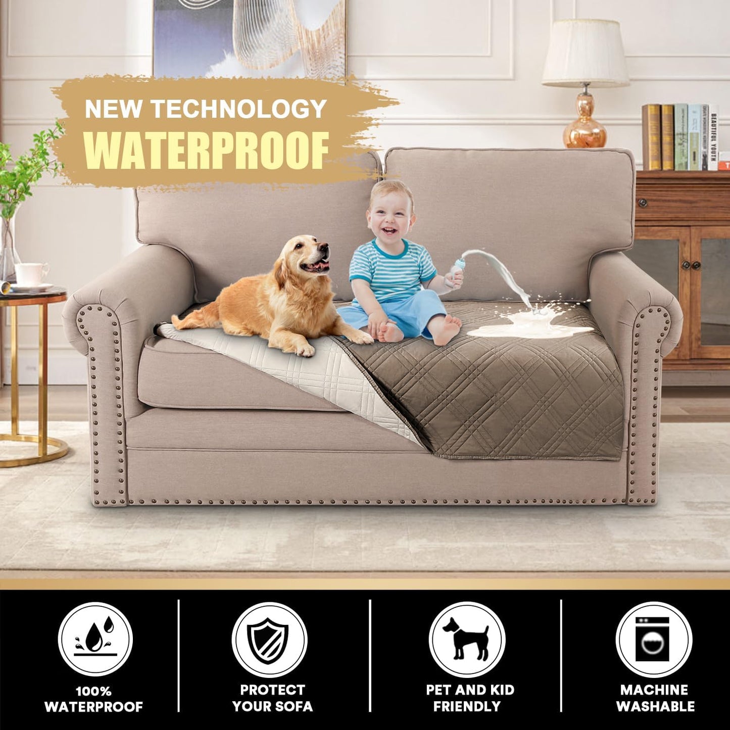 PrinceDeco 100% Waterproof Couch Cover for 3 Cushion Couch Sofa Pet Friendly Non-Slip Couch Cover for Dogs Washable Water Resistant Furniture Protector with Elastic Straps(Sofa 68", French Oak)
