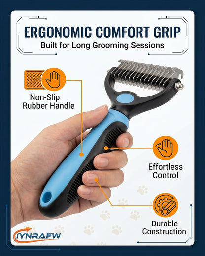 Pet Pro Grooming Tool Dual Tooth Pet Grooming Comb Undercoat Rake for Dogs Cats Long Hair Deshedding Tool Dematting Brush Double Sided Stainless Steel Teeth Remover Mats Tangles Loose Fur