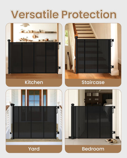 Retractable Baby Gate, 55" Wide Mesh Gate with 4 Reinforced Rods, Prevents Kids & Dogs from Crawling Under, 34" Tall Easy-to-Use Pet Gate for Stairs, Bedrooms, Hallways, Indoor/Outdoor, White