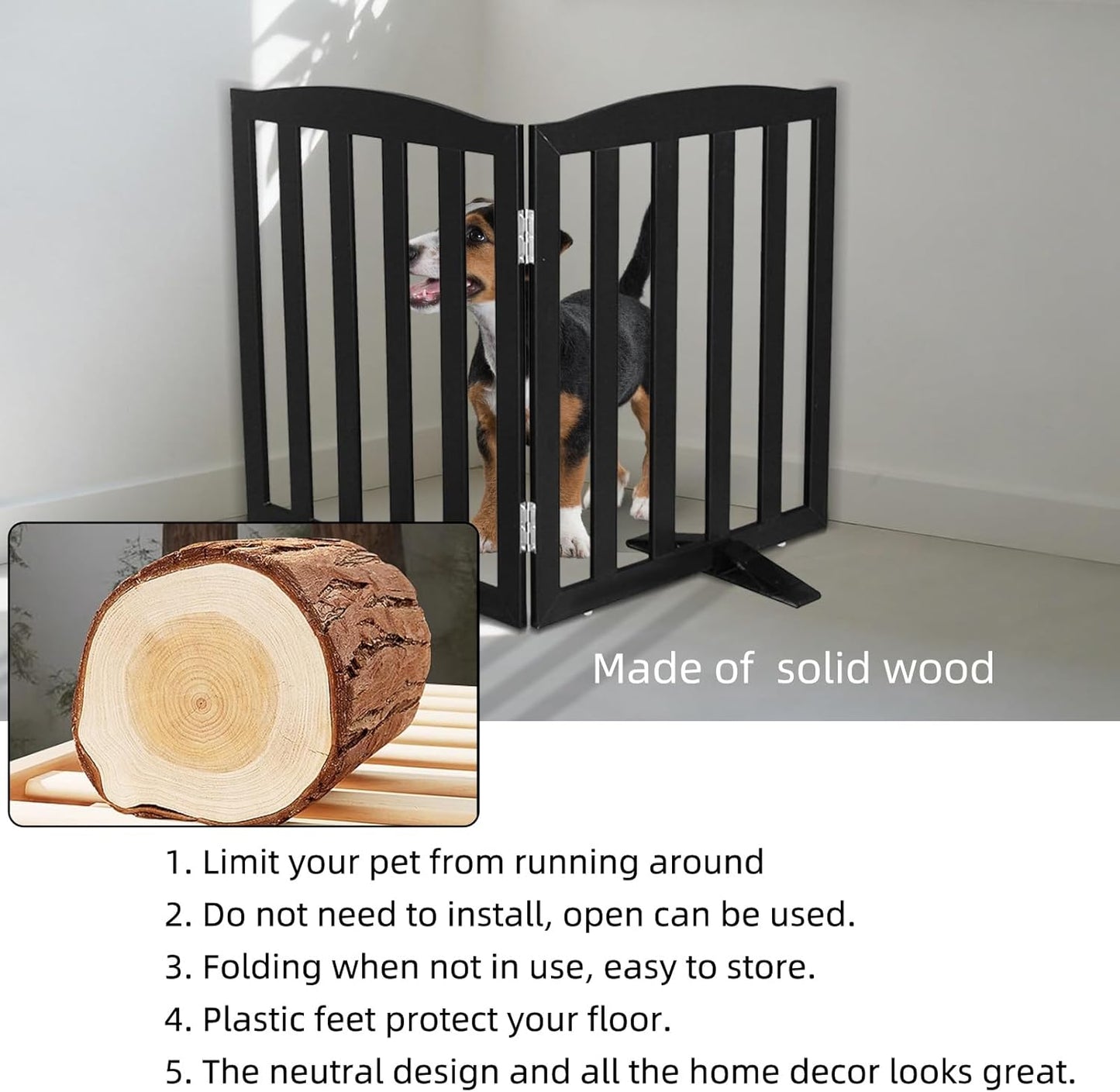 ZJSF Foldable Freestanding Indoor Dog Gate for House Wood White Long Pet Gates Dog Fence for Stairs Puppy Gates for Hallways,Pet Fence, Puppy Gate,Support Feet Included 24 "Height-3 Panels