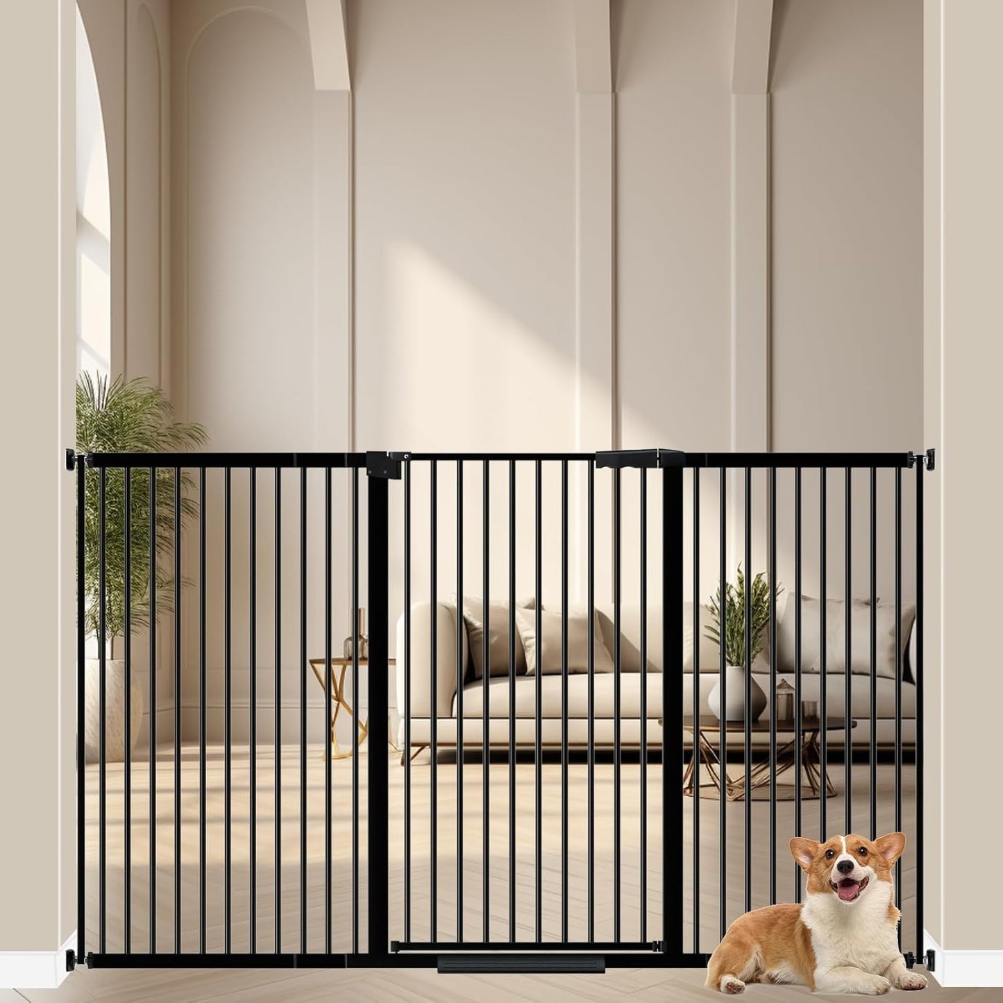 WAOWAO 40.55" Extra Tall 1.37" Ultra Narrow Spacing 53.74-61.61" Extra Wide Dogs Pets Baby Gate Safety Indoor Puppy Pressure Mounted Gate No Drill Black Metal for Stairs,Doorways,Kitchen,Hallway