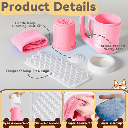 Medium Pet Paw Cleaner Cup - Easy Press Design Dog Foot Washer with Soft Massage Brush & Absorbent Towel - Reusable Durable Paw Cleaning Cup for Dogs Cats, Easy to Clean Handheld Bath Tool