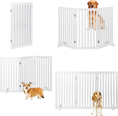 24 Inch Freestanding Indoor Retractable Dog Gate Pet Gate for Stairs, Hallways or Doorways 3 Panels Indoor Foldable Puppy Dog Fence Wooden Safety Fence, White