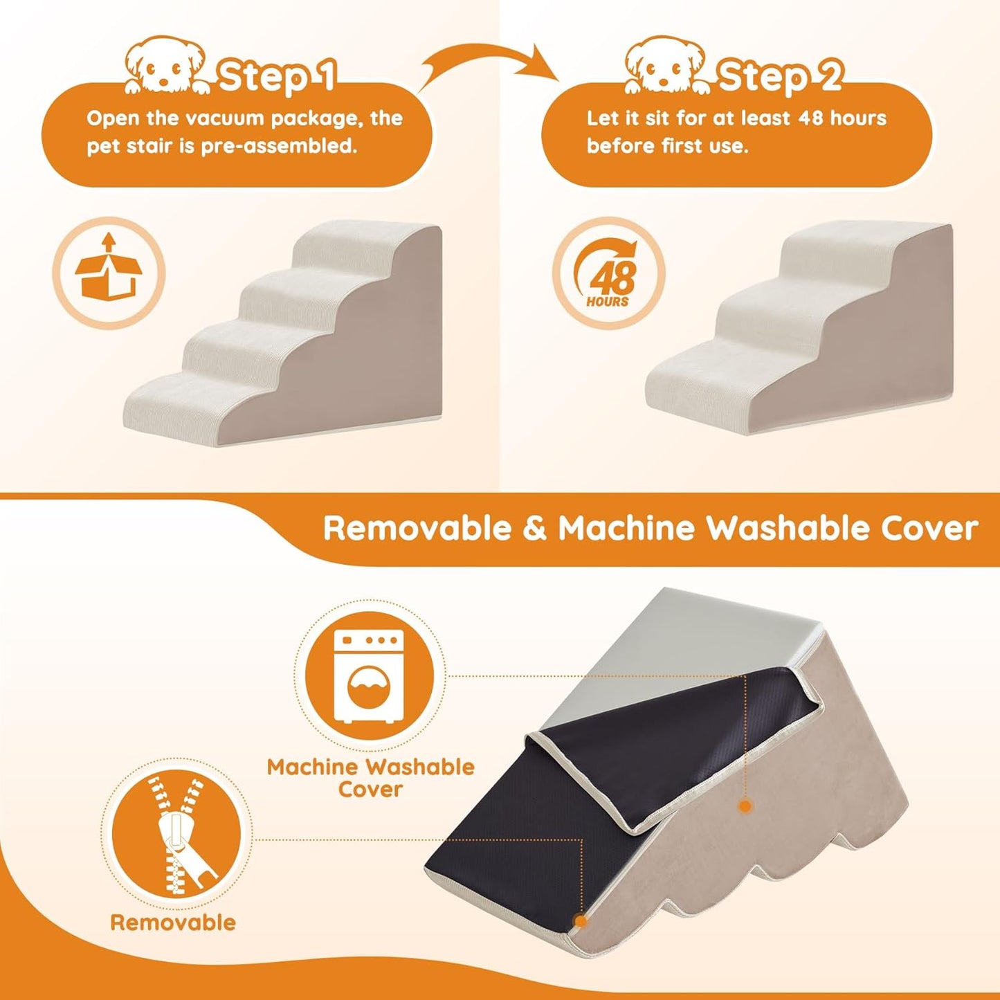 Dogs Steps for Bed, Dog Stairs for Small Dogs, 2-Step Dog Ramp for Bed, Couch, Sofa, and Chairs, Non-Slip Bottom Design, Cat Scratching, High Density Foam Portable Pet Step, Indoor, Grey