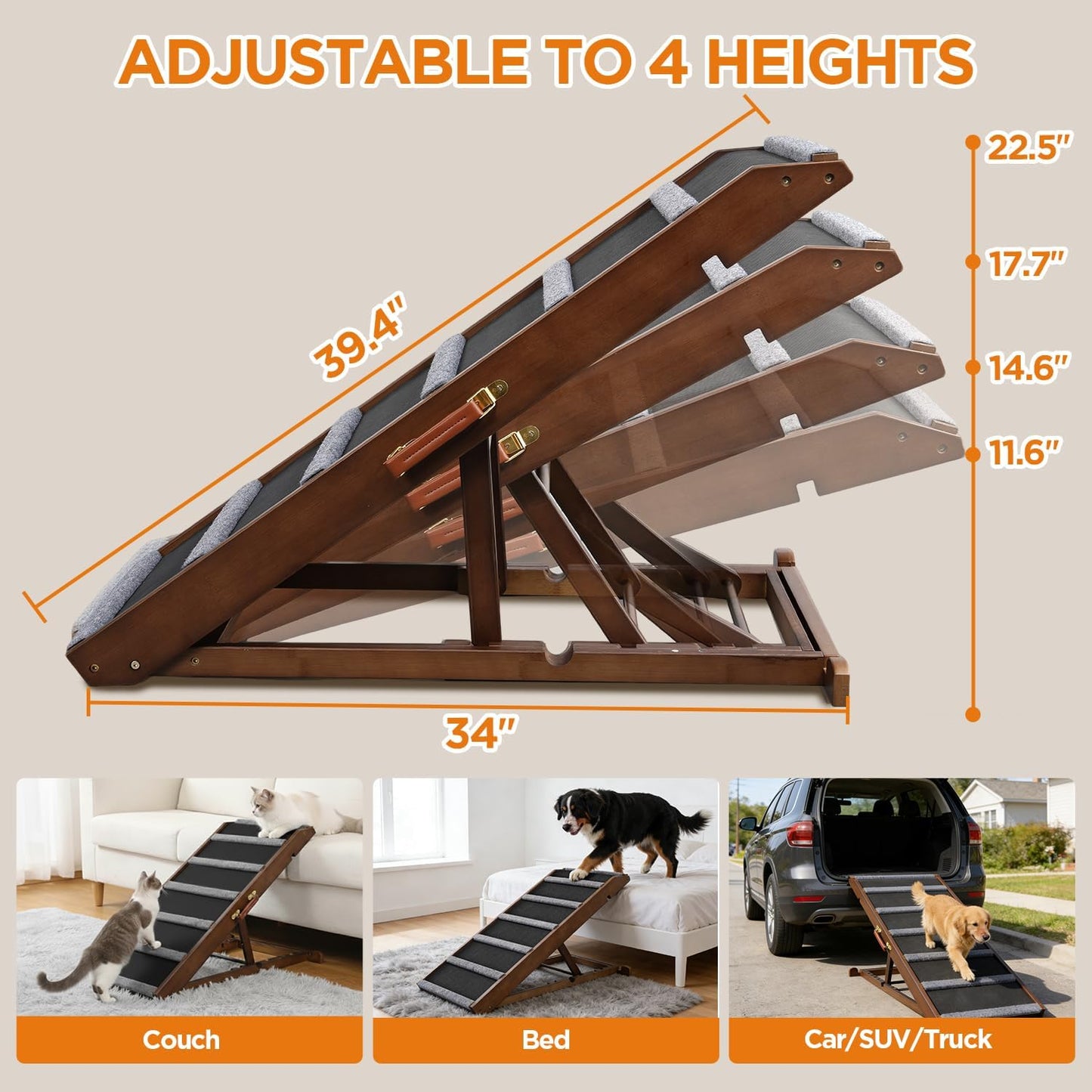 Dog Ramp for Bed - Extra Wide 17’’, Non-Slip Rubber Surface Excellent Traction, Pet Ramp for Small Large Dogs to Get on High Couch Car, Hold up to 200lb, Adjustable, Foldable