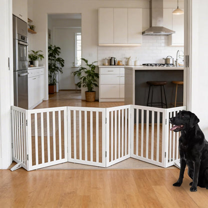 ZJSF Freestanding Indoor Dog Gate for House Foldable Wood Puppy Gate for Doorways Pet Gate for Stairs Extra Wide Pet Fence, Brown, 24" Height 3 Panels