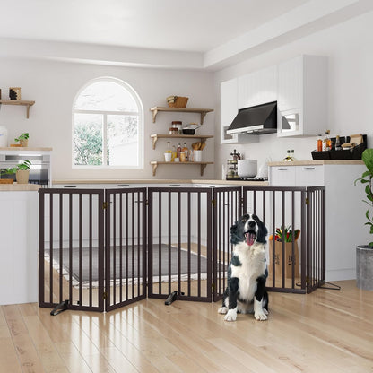 Freestanding Dog Gates Indoor, 3-Panel Pet Gates with 2 Metal Stands and 360° Hinge, 24" H Foldable Dog Gate for Stairs, Doorway, Kitchen, Expands Up to 55" Fully Assembled - Black Walnut