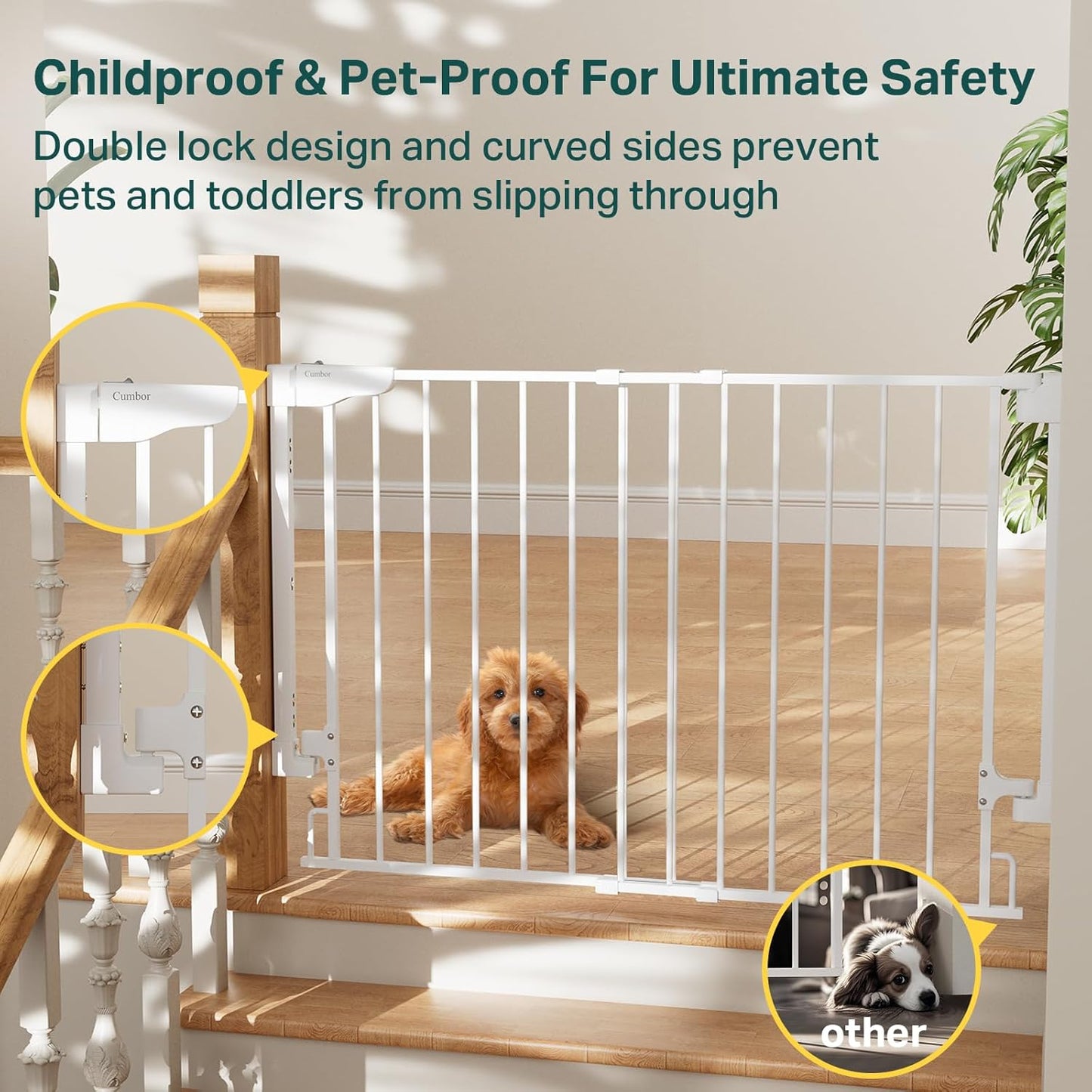 Cumbor 29.2–43" Baby Gate for Stairs, Hardware Mounted (Drill Required), Expandable No Bottom Bar Dog Gate, Auto Close Extra Wide Walk Thru, Pet & Toddler Proof Gate, Top & Bottom of Stairways(Black)