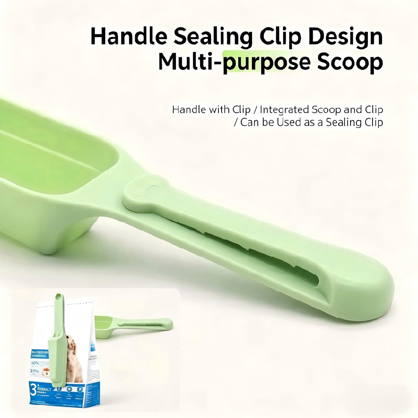 Pet food scoop and bag clip, multi-functional dog and cat food measuring spoon and spatula, capacity 100 grams (3.5 ounces), long-handled food sealing clip, 7.48 x 1.57 inches, green